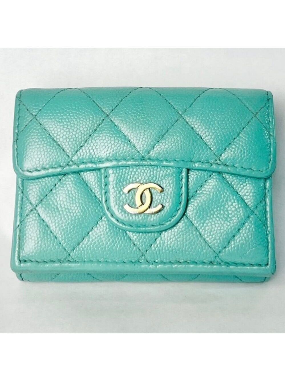 CHANEL Matelasse Trifold Wallet Tiffany Blue